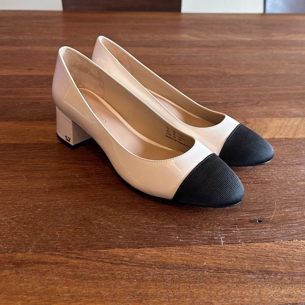 Stuart Weitzman Gabby 45 Block Heel Pump 8 White Black Leather New in Box